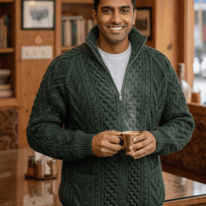 Home men’s hand knit zip up cable sweater