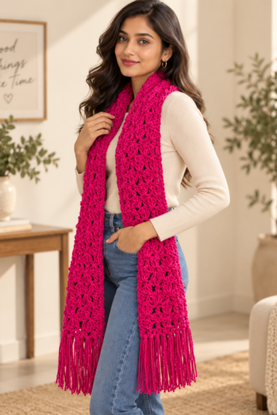 Woman wearing a vibrant pink crochet scarf with tassels.