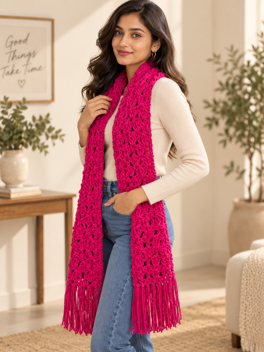 Woman wearing a vibrant pink crochet scarf with tassels.