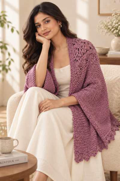 Woman wearing a lavender knit shawl, sitting gracefully in a cozy room.