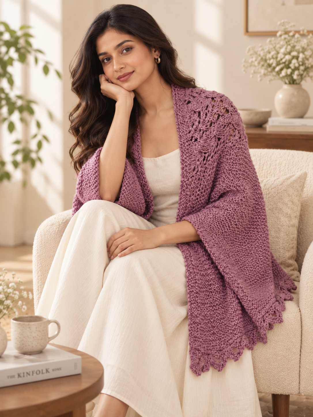 Woman wearing a lavender knit shawl, sitting gracefully in a cozy room.