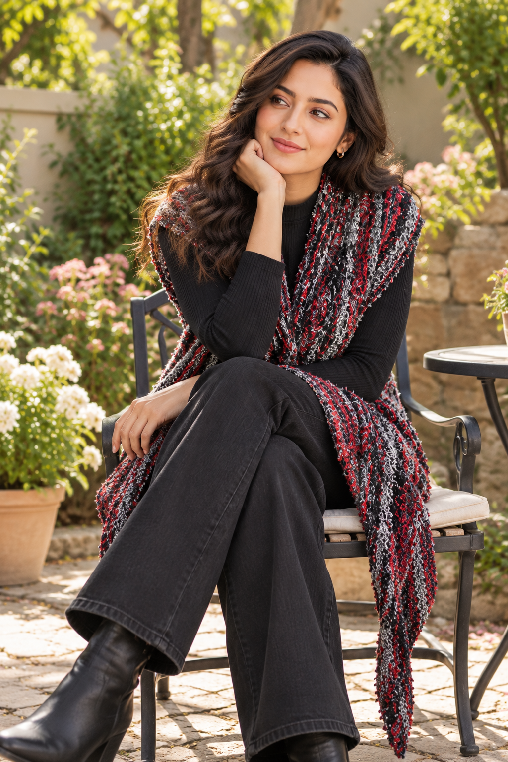 Woman wearing a chic multicolor knit shawl in a garden setting.