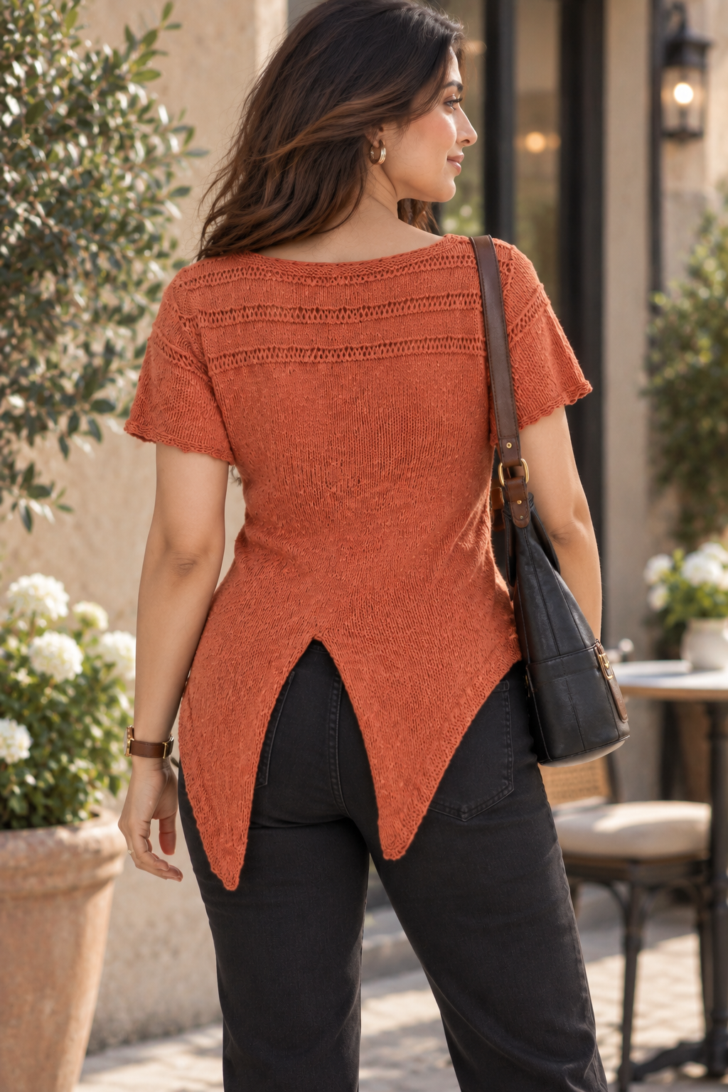 Terra Rust Knit Top with Crocheted Neckline & Asymmetrical Hem - Image 3